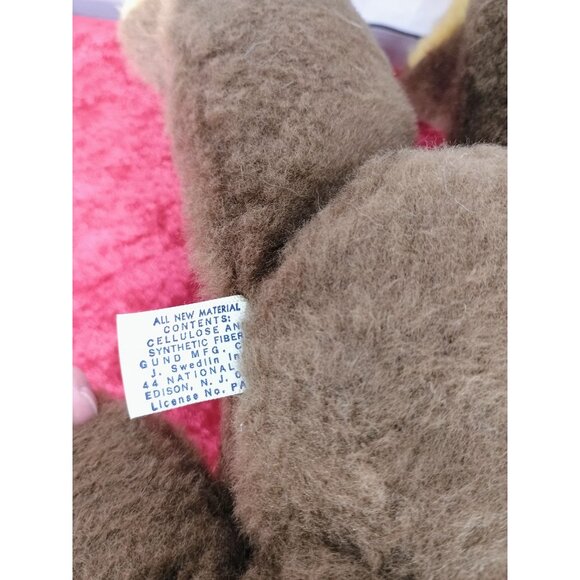Vintage Gund 70s Brown Teddy Bear With Yellow Accents Nose Ears Feet Red Ribbon - Picture 6 of 6